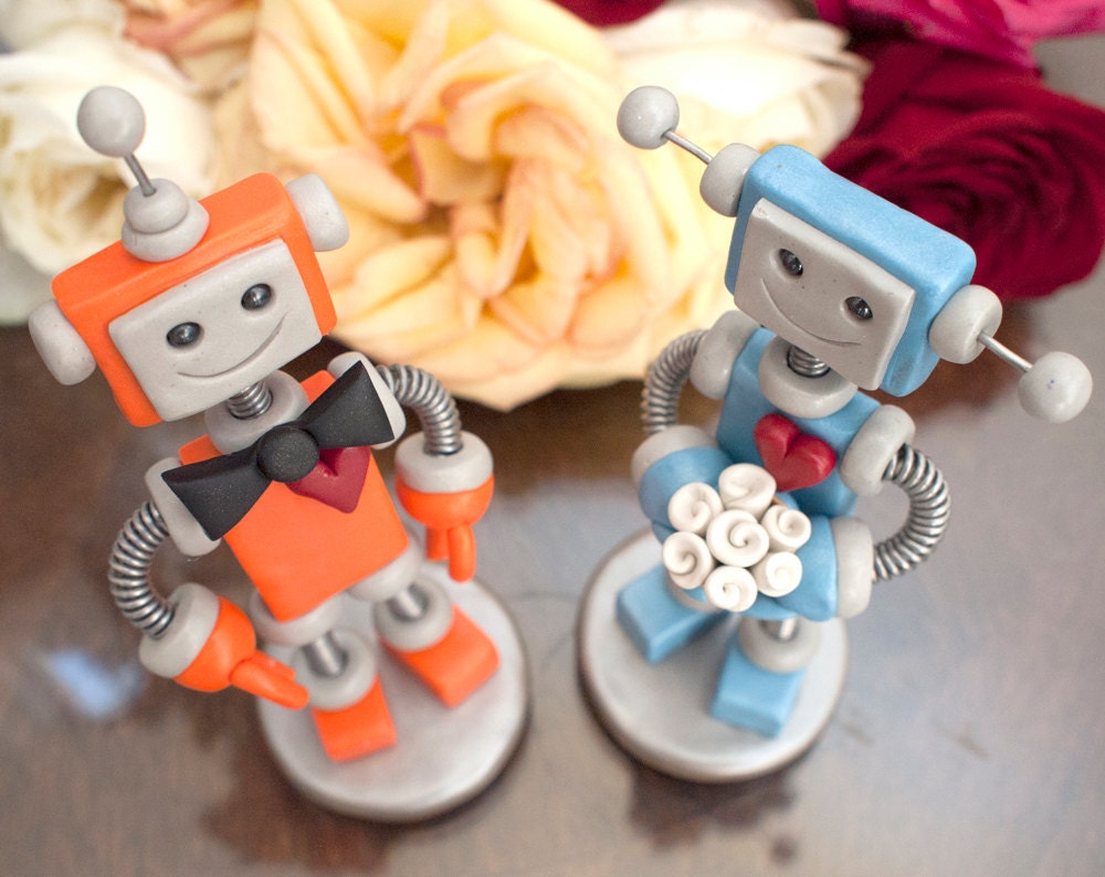 Robot Wedding Cake Topper  - Orange Groom Blue Bride - READY TO SHIP Clay, Wire