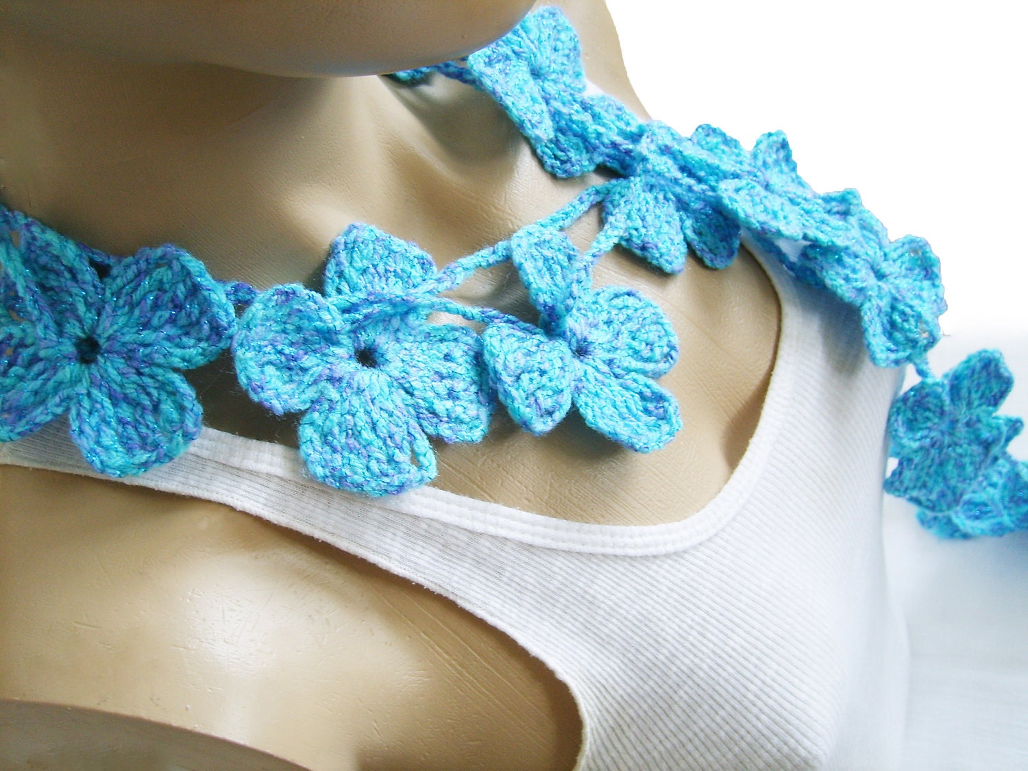 Crochet Scarf Aqua Blue Daisy Flower by AnatolianAccessories