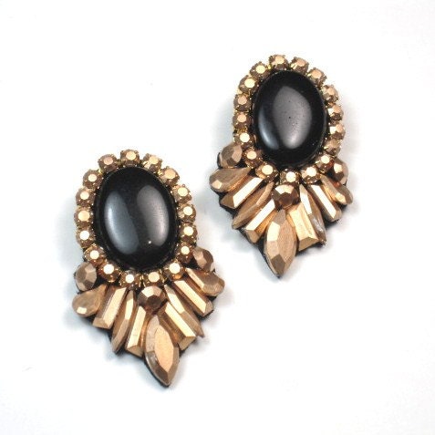 Black and Antique Gold Statement Stud Earrings