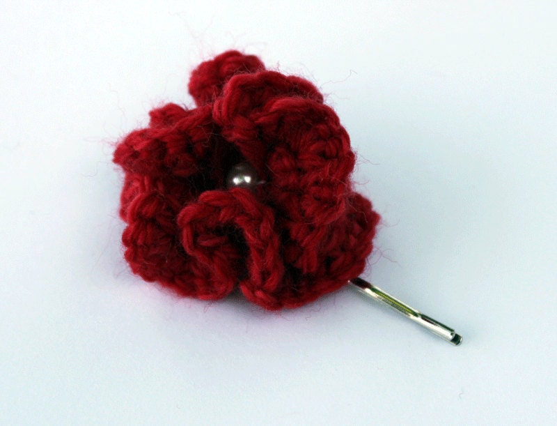 Red Crocheted Flower Bobby Pin With Pearl -- Free Shipping