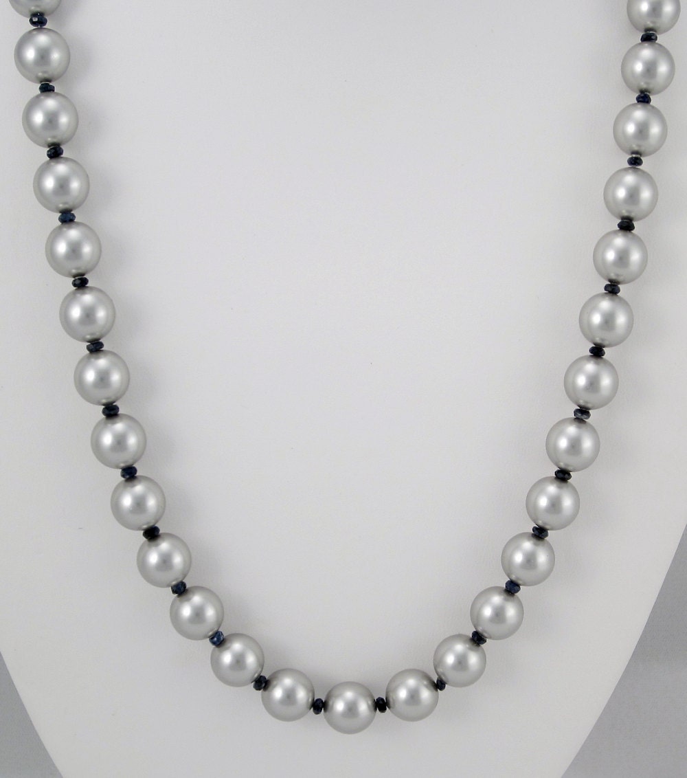 Deep Blue Kyanite and Light Gray Swarovski Crystal Pearl Necklace with 14K Gold Filled Clasp