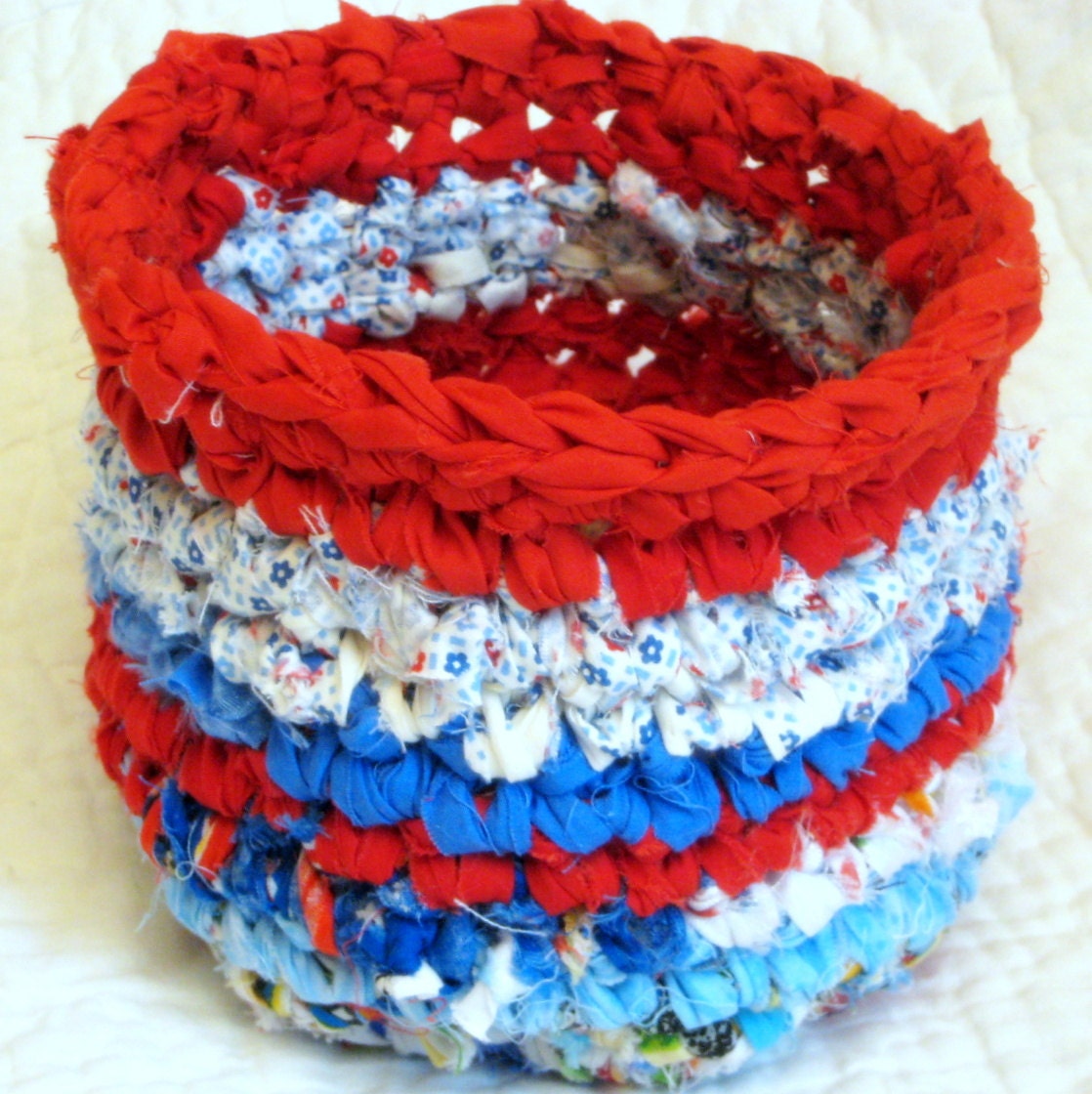 Happy Scrappy Rag Basket - Crochet Fabric Strips - Patriotic Colors - Earth Day