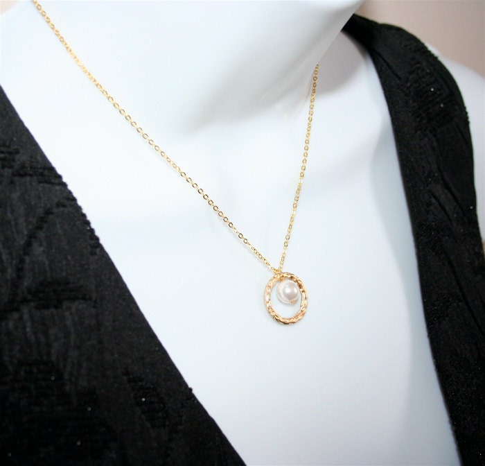 Circle and Pearl Necklace Hammered Circle in gold by smilesophie