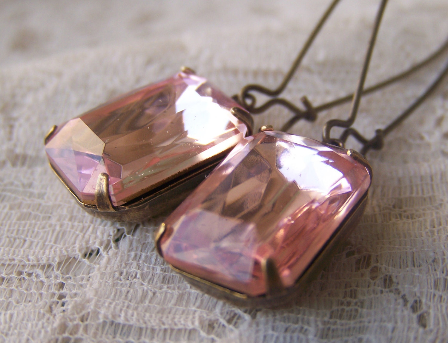 Rosalyn Pink Jewel Earrings, vintage rhinestones set in antiqued brass