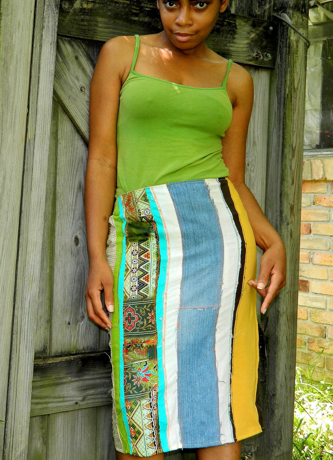 C  L E A R A N C E--flyTie contrast fabric original patchwork pencil skirt