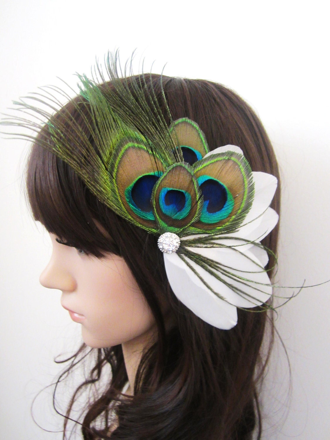 Stunning Peacock and  Ivory Goose Feather Fascinator