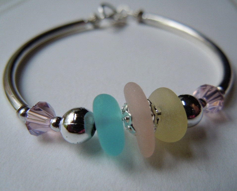 Silver Sea Glass Bracelet with Pastel Beach Glass Jewelry