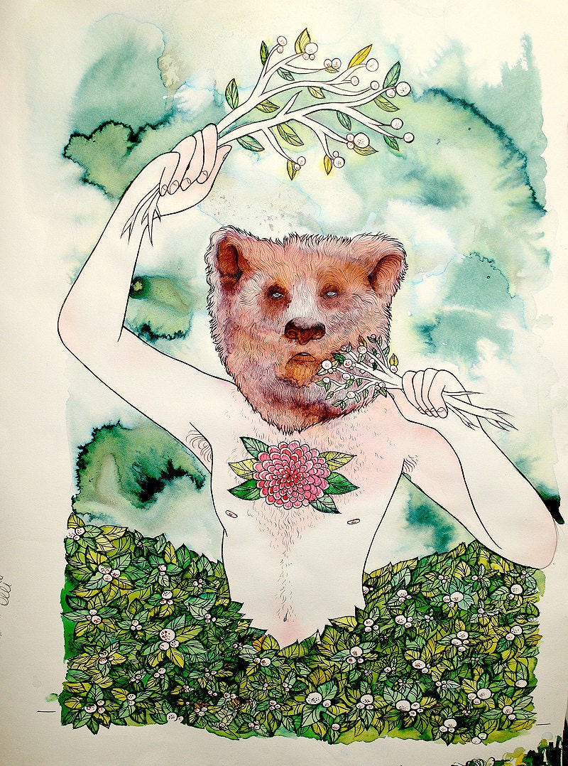 Bear Power Animal - A Study of Man & Nature - 22 x 30 inches large poster print