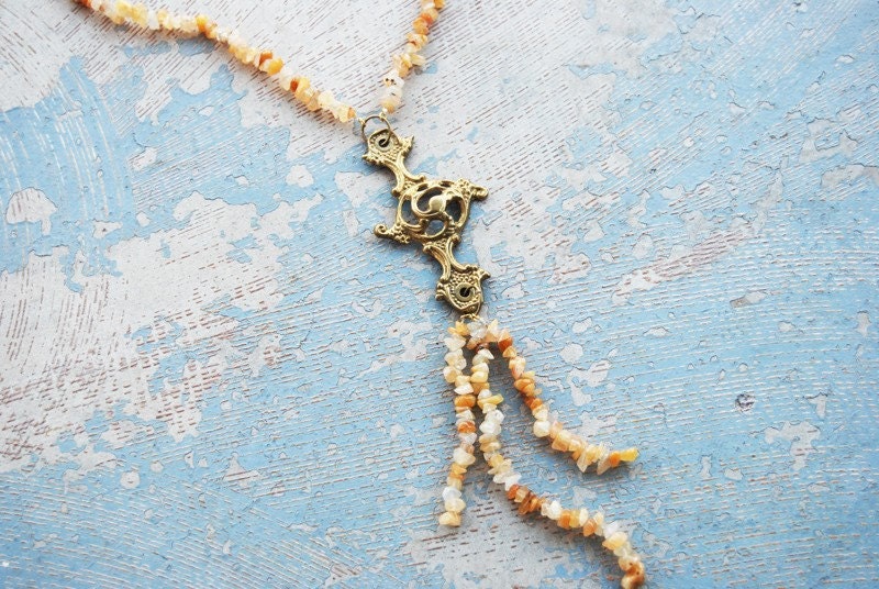 Jade Necklace - Orange Jade and Scrolled Antique Hardware - Antique Hardware Collection