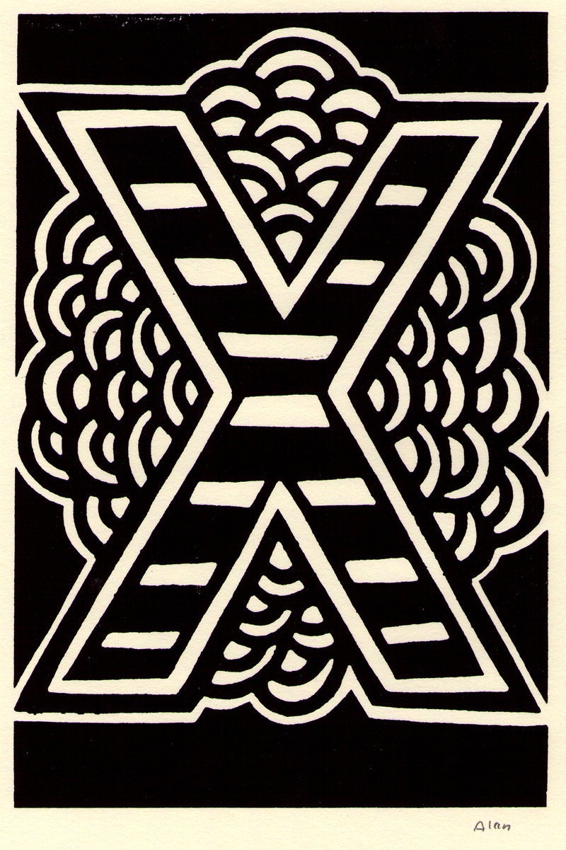 X is for the letter X. Linocut