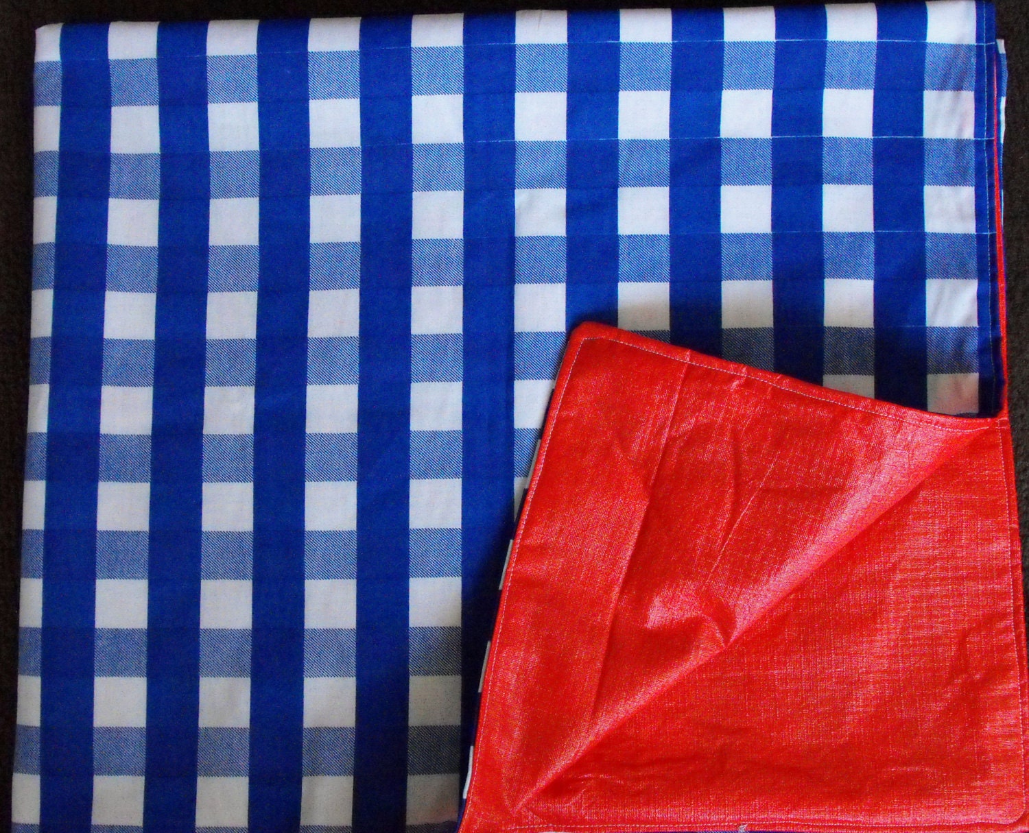 Blue Plaid Picnic Blanket with Red Vinyl backing - Great for Summer Picnics