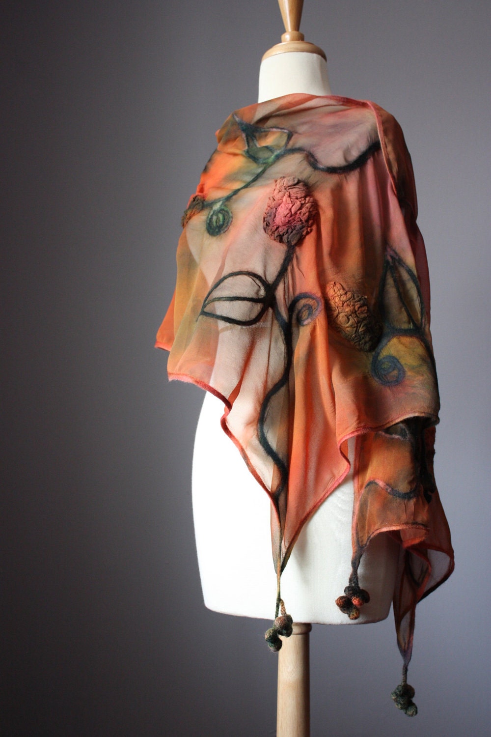 Nuno felted scarf shawl wrap silk wool crochet design rust moss green floral hand dyed painted earthy patina