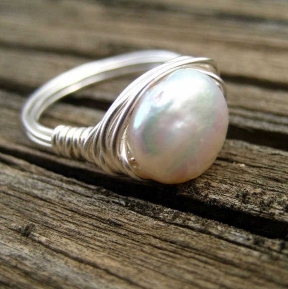 White freshwater pearl ring silver simple wire wrapped