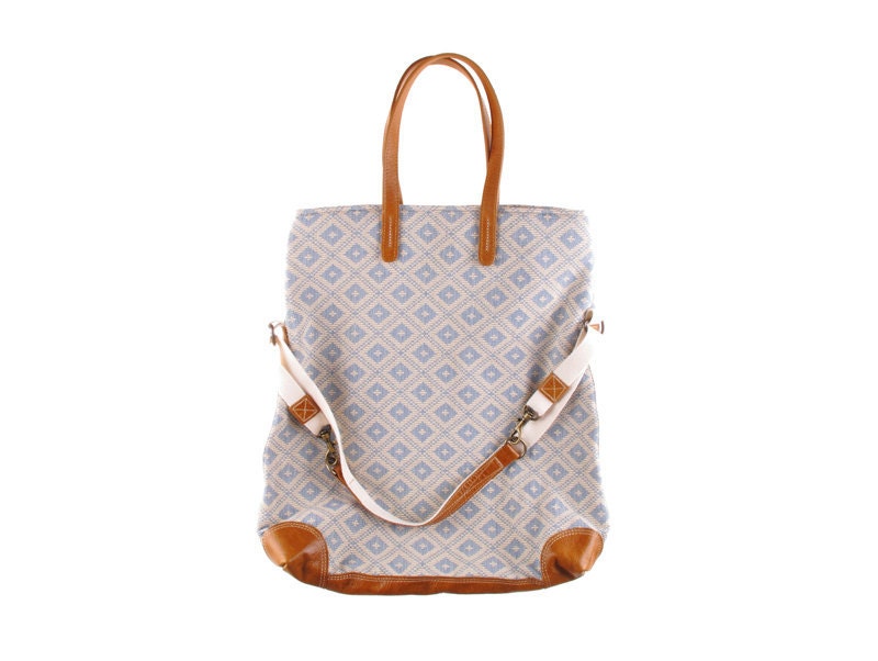 Workhorse bag in pale blue and cream diamond weave fabric with leather trim