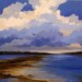 BLUE BEACH, original oil painting, landscape 100% charity donation, canvas, stretched, 12x12, wall decor, sky, clouds, blue, beach