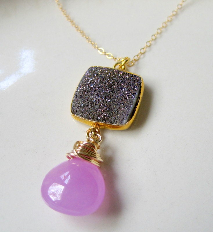 Sparkling Purple Druzy Gold Fill Necklace . Chalcedony Briolette . Wire Wrapped . Gold Fill Chain - Sentimental Journey