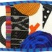 5.9.2012 small art quilt, contemporary, abstract, white, black and white dots, bright blue, orange, purple, yellow, ikat, stripes
