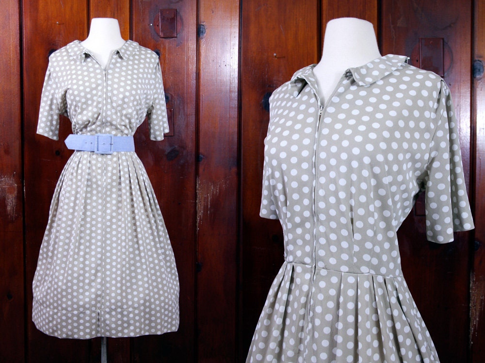 1950s polka dot day dress / shelton stroller plus size 50s dress / nylon jersey full skirt dress XL