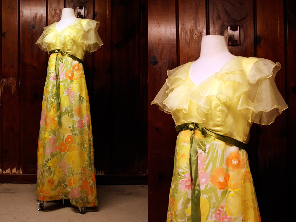 1960s bridesmaid dress / 60s dress / floral dress // yellow formal maxi flutter sleeve M L