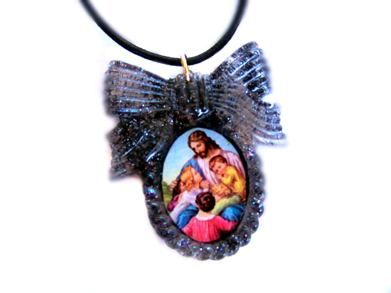 Jesus With the Children Black Glitter Bow Necklace