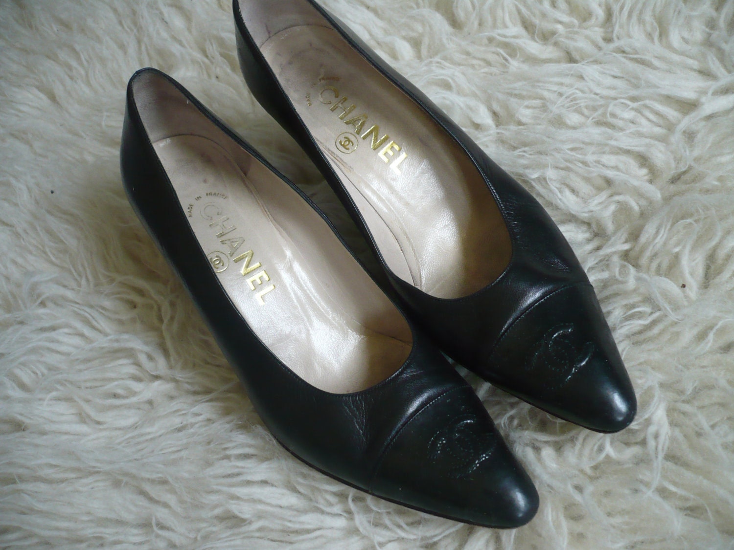 Chanel Toe Cap Black Leather Heels - 38