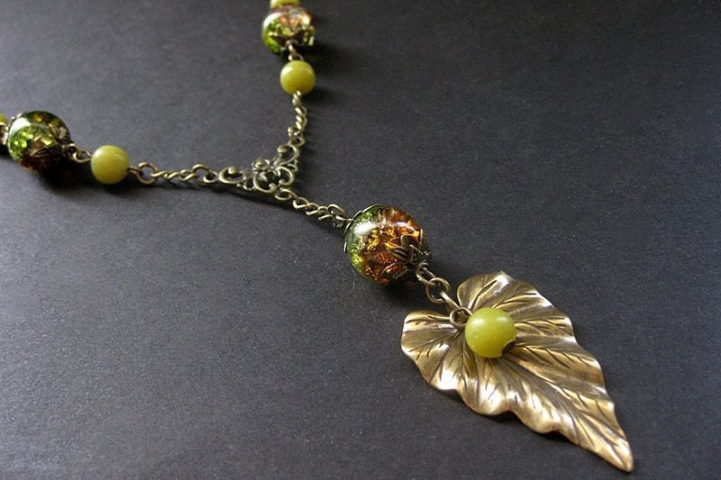 Nature Inspired Leaf Necklace in Jade Gemstone and Bronze