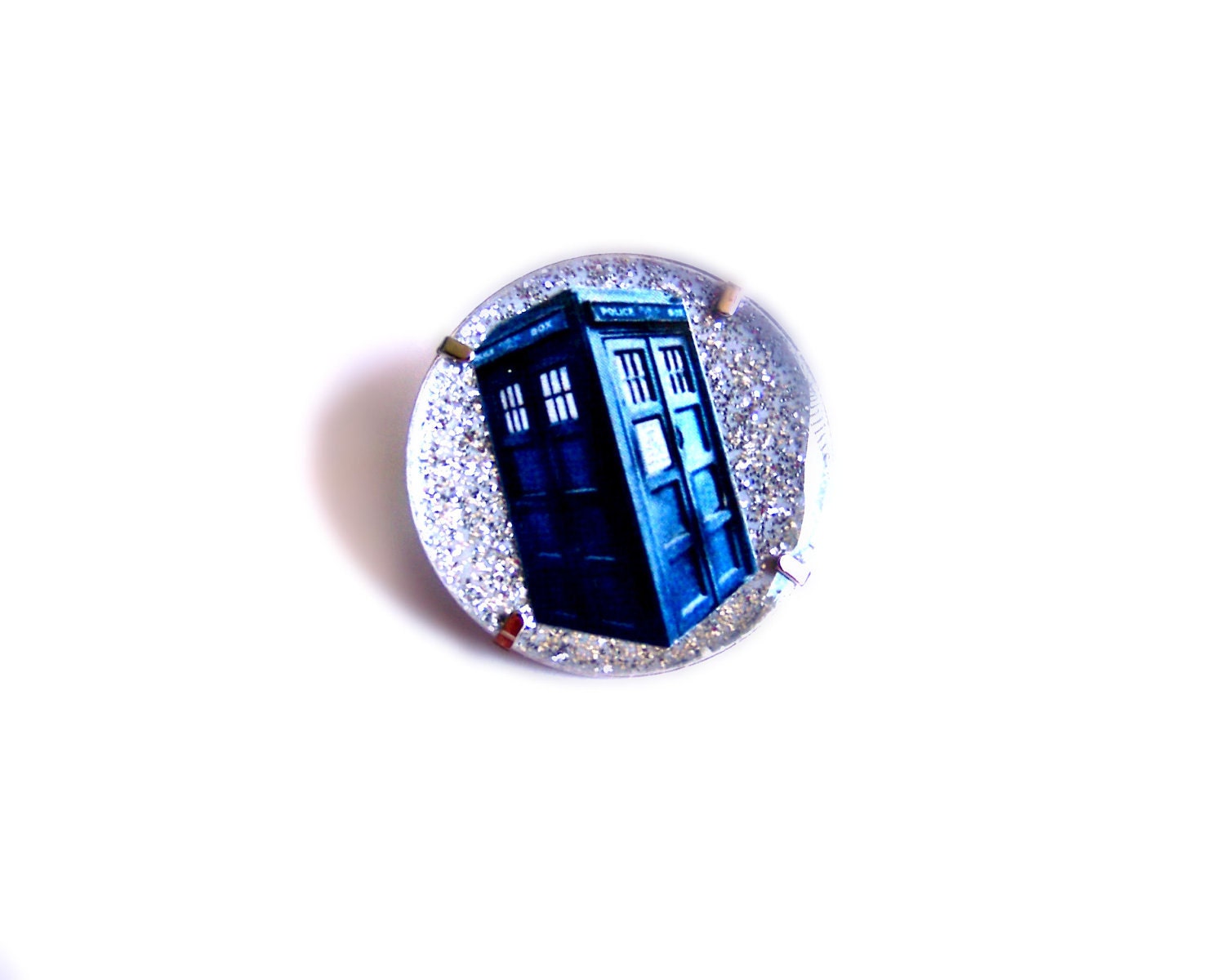 Blue Police Box Doctor Who Inspired Pin, Silver Glitter, Sparkly One-Inch Brooch Badge