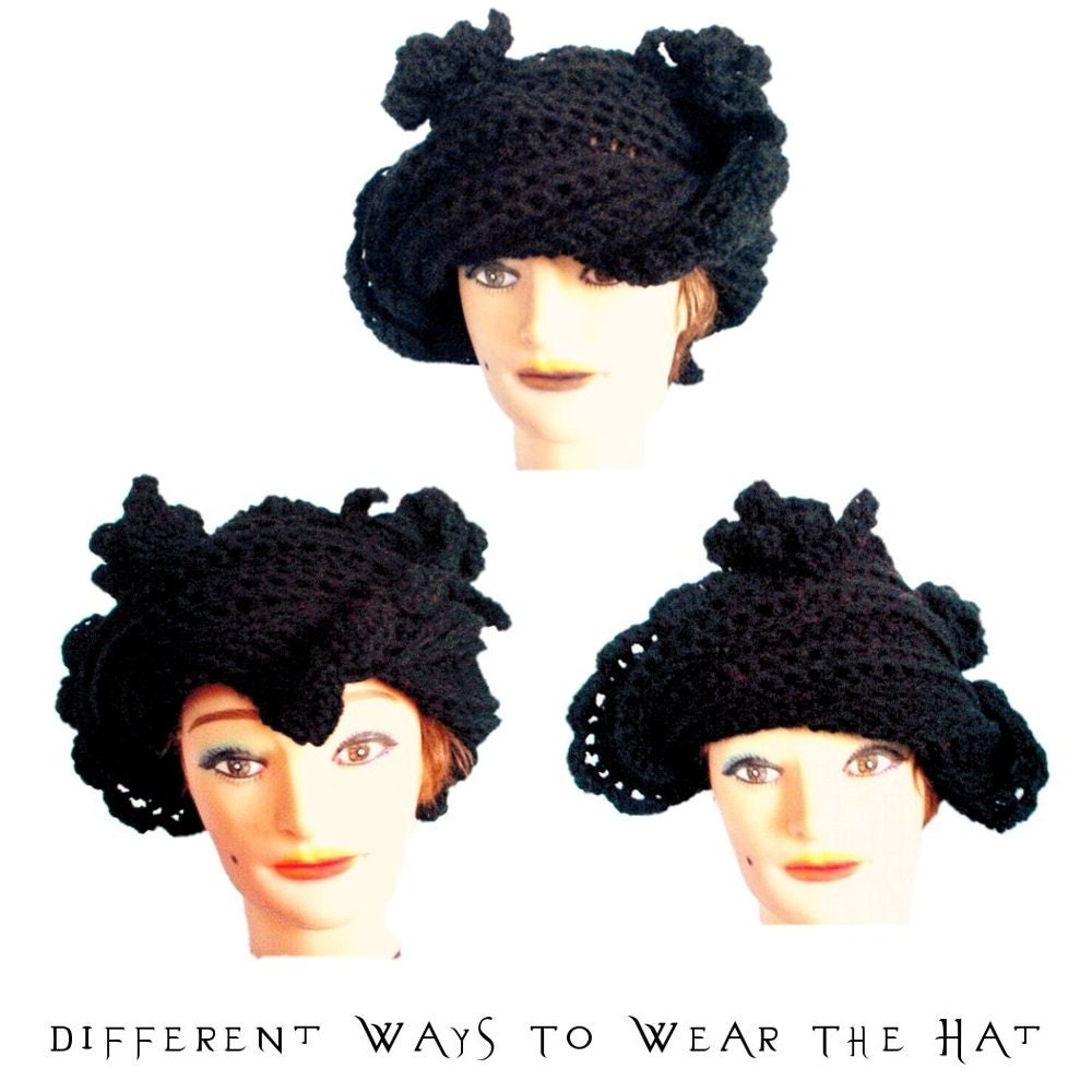 Womens Crochet Hat - Crochet Tricorn Hat Made With Black Acrylic Yarn With Three Flowers - Twisted Hat Spring Fashion