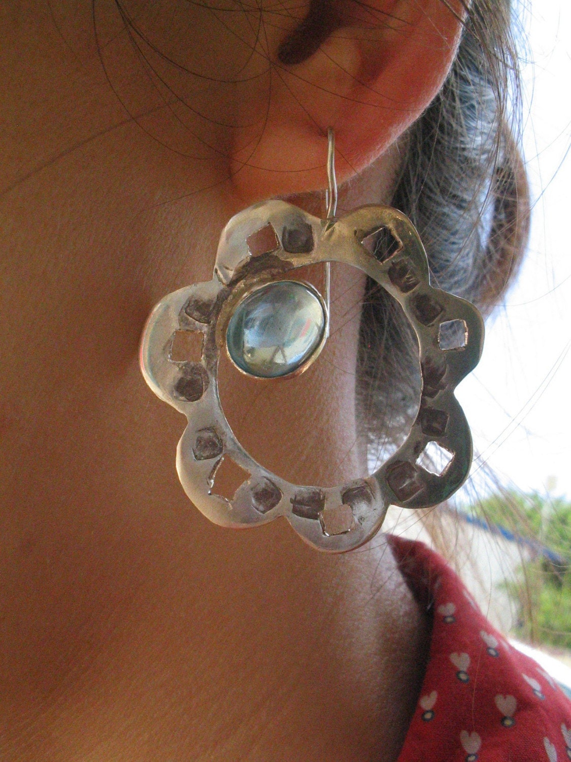 Blue topaz silver earrings hammered silver flowers and oval cabochons