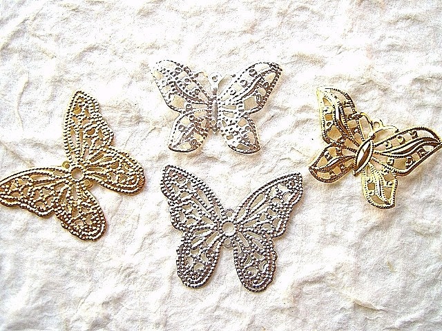 Cute Japanese Cabochons - Pink Roses and Butterfly SILVER and GOLD
