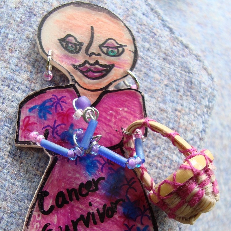 Brooch Pin Upcycled Plastic Cancer Survivor Bald lady with basket