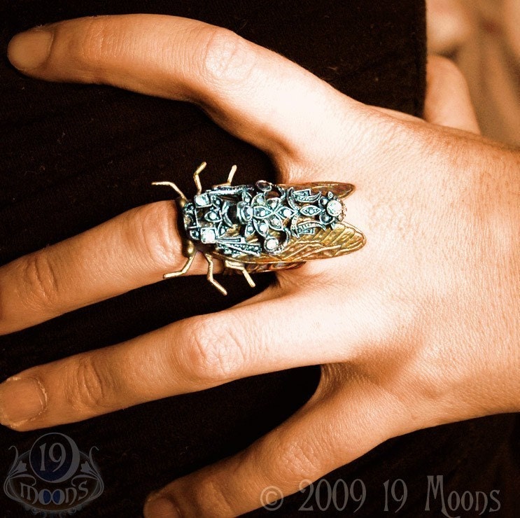 JEWELED CICADA Vintage Steampunk Ring Exclusive by 19 Moons - Neo Gothic Nouveau Alien Insect Bug Brass and Silver and Swarovski Crystal Jewel - Unisex FALL Ready To Ship