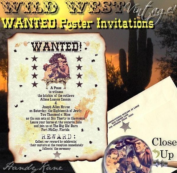 QTY 50 Western Wanted Wedding Invitations Texas Cowboy Theme Scrolls