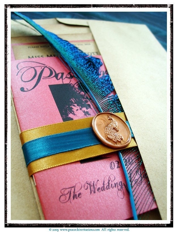 GENEVIEVE Travel Themed Passport and Peacock Blue Wedding Invitations Coral
