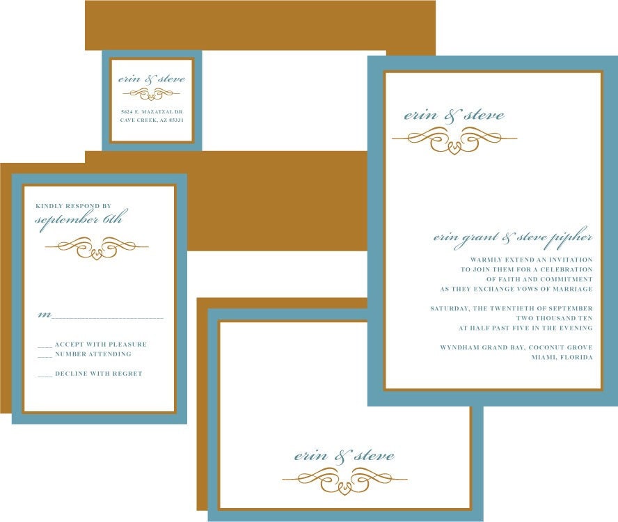 Antique Gold and Blue Vintage Wedding Invitation Set Invitation Envelope