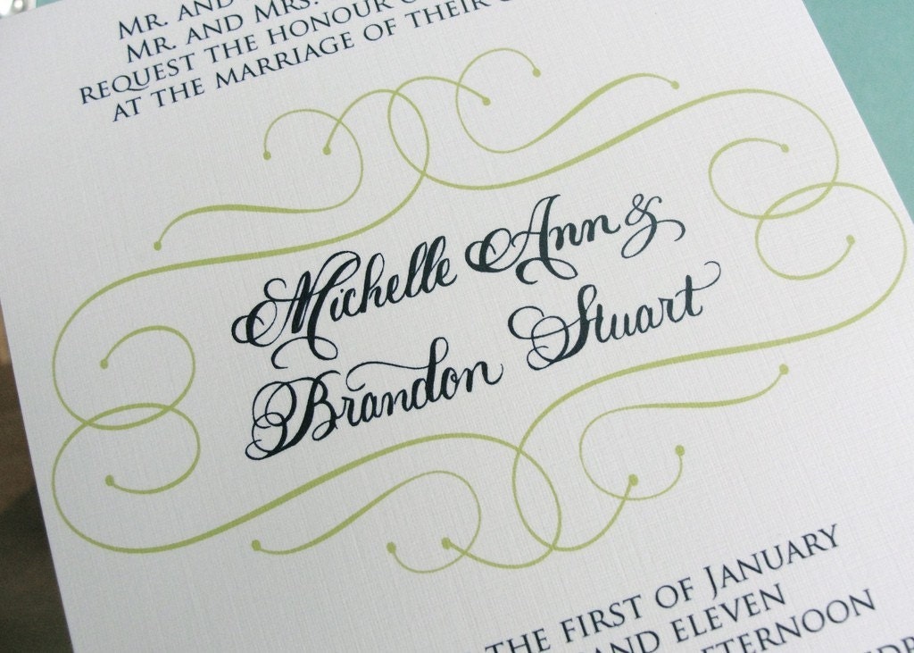 Preppy Navy and Lime green wedding invitations with custom calligraphy 
