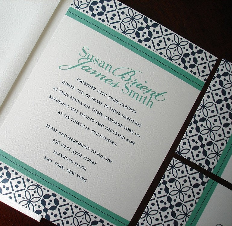Linen Deep Seafoam Green and Navy Wedding Invitation makes a clean and 