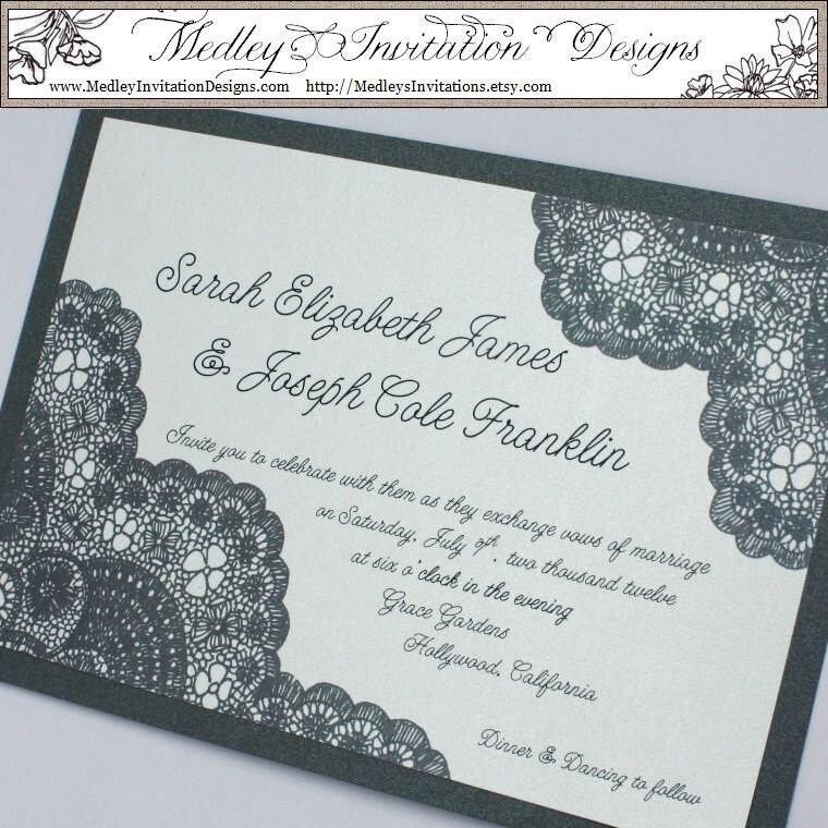 Dark Pewter Gray Grey Vintage Antique Lace Wedding Invitation Any 