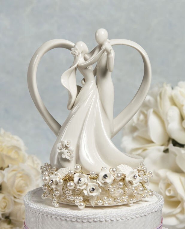 Vintage Inspired Rose Pearl and Heart Wedding Cake Topper