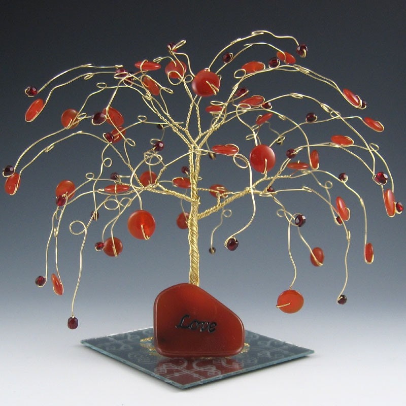Tree Cake Topper Willow Wedding Sculpture Orange and Red with Love Stone
