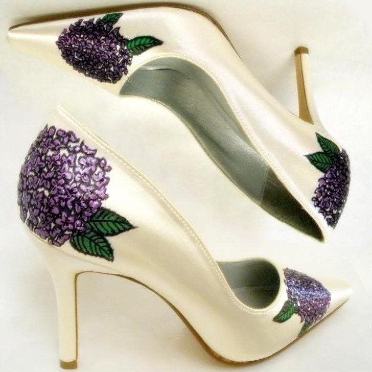 Wedding Shoesbridal painted HYDRANGEA ivory and purple From norakaren