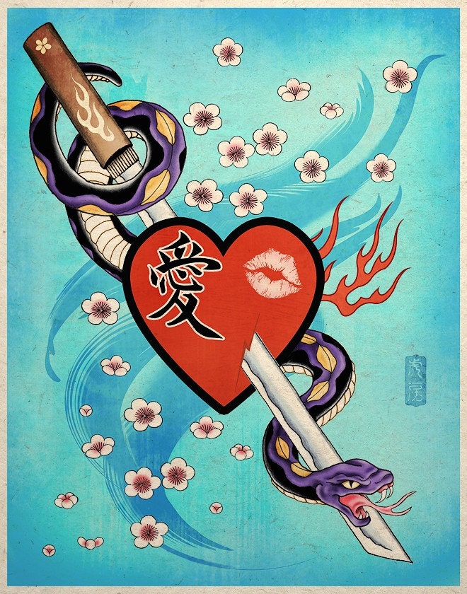 Love Bites Asian Rockabilly Tattoo Art Print Heart Dagger Snake Fire