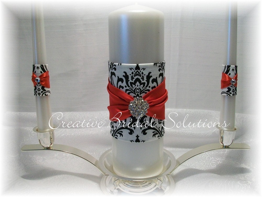 Black and White Madison Damask with Red Wedding Unity Candle Set