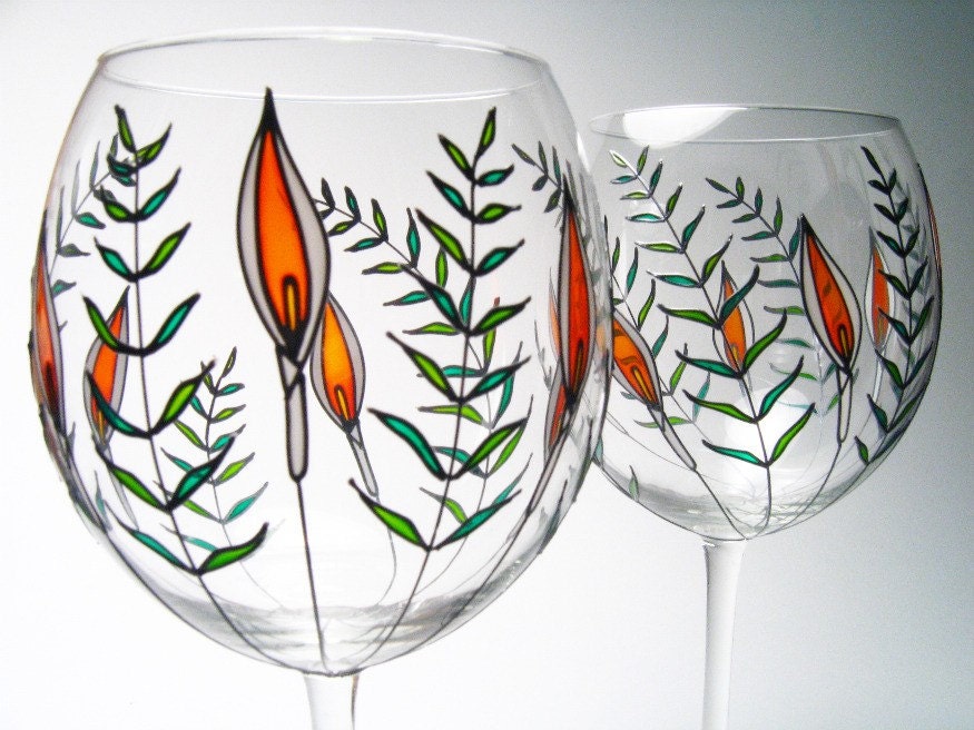 Wedding Wine Glasses Calla Lilies Lily Ferns Set of 2 From decouverre
