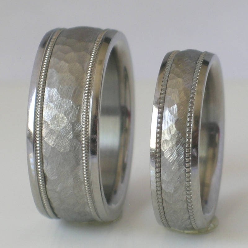 Custom Made Tungsten Wedding Band Set Hammered Milgrain Design Available in