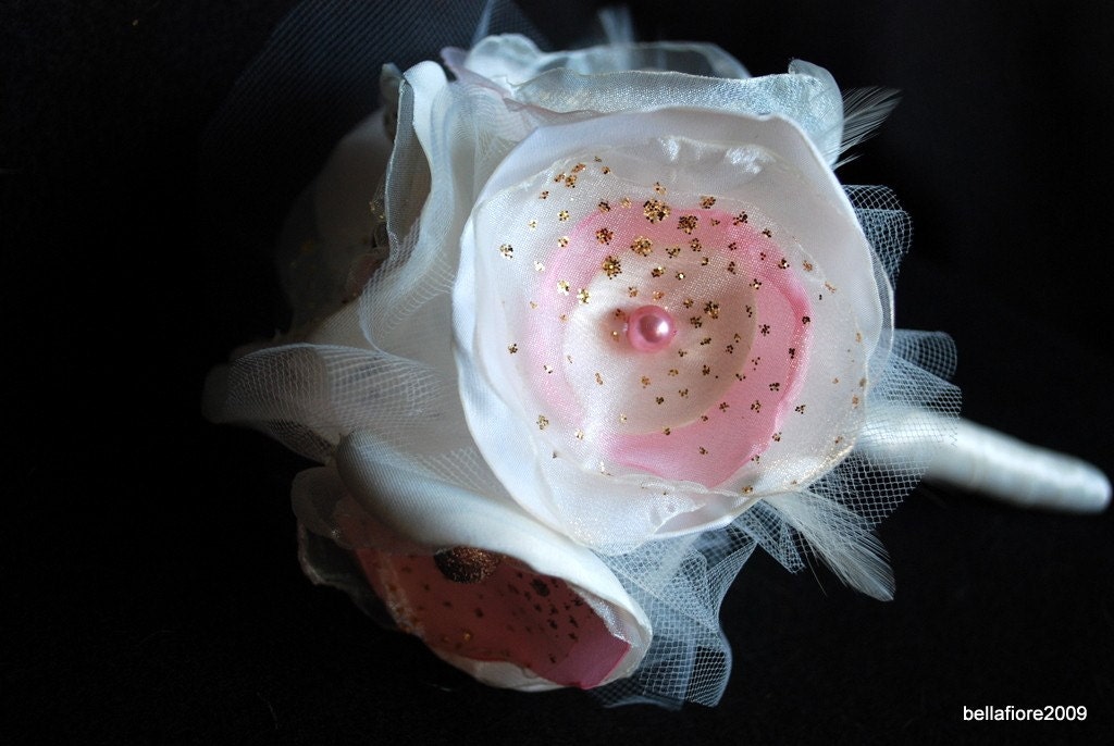Fabric Flower Wedding Bouquet and Feathers IVORY Gold and Light Pink FLowers