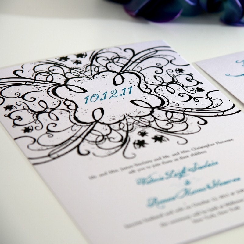 Vintage Swirls Wedding Invitations Sample in Teal and Black on Pearl Shimmer