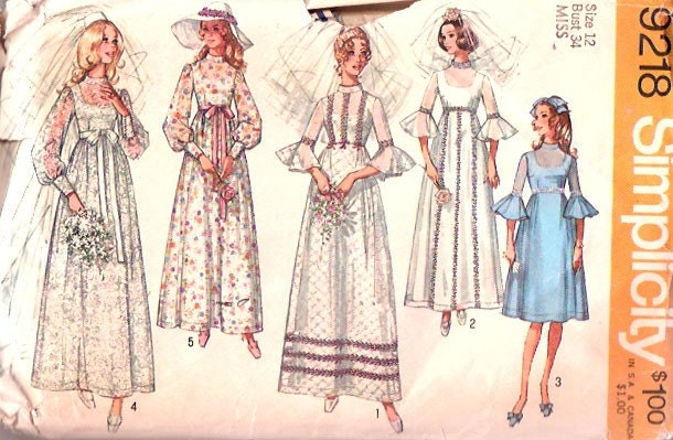 1960s Vintage Wedding Dress Pattern Gown 60s Flared Ruffle Bell Sleeve 
