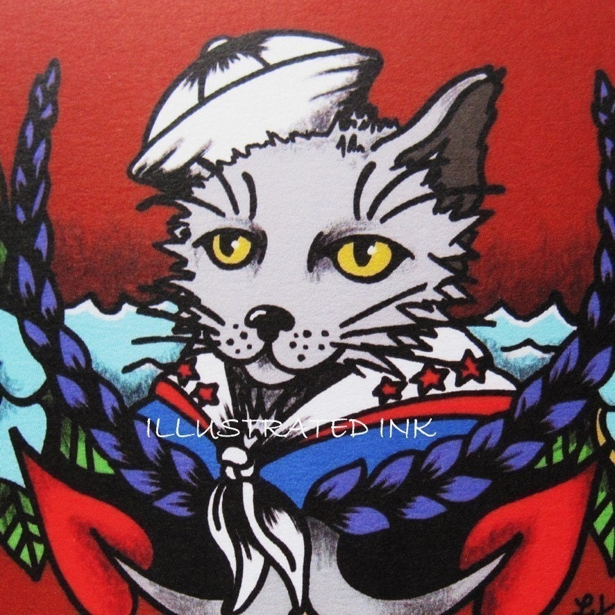 Old School Tattoo NAUTICAL CAT Stationary Note Card Free Shipping in USA