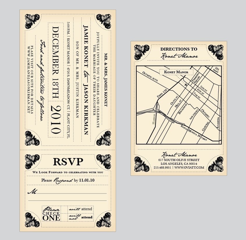 Vintage Antique Train Ticket Wedding Invitation set with tearoff rsvp 